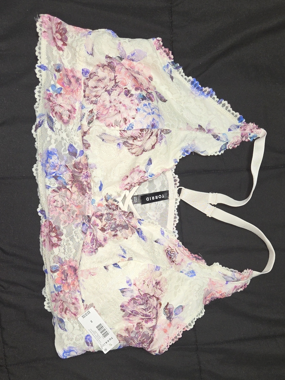 Torrid Floral Lace Bralette in Cream with Pink & Purple Flowers